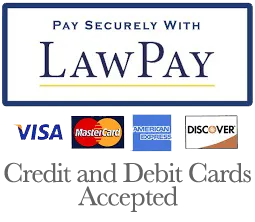 LawPay payment options logo with accepted credit cards including Visa, MasterCard, American Express, Discover, indicating credit and debit cards accepted.
