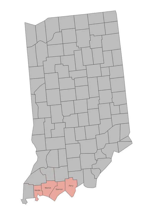 Map highlighting counties in Indiana where we practice criminal law, specifically Vanderburgh, Warrick, Spencer, and Perry counties.