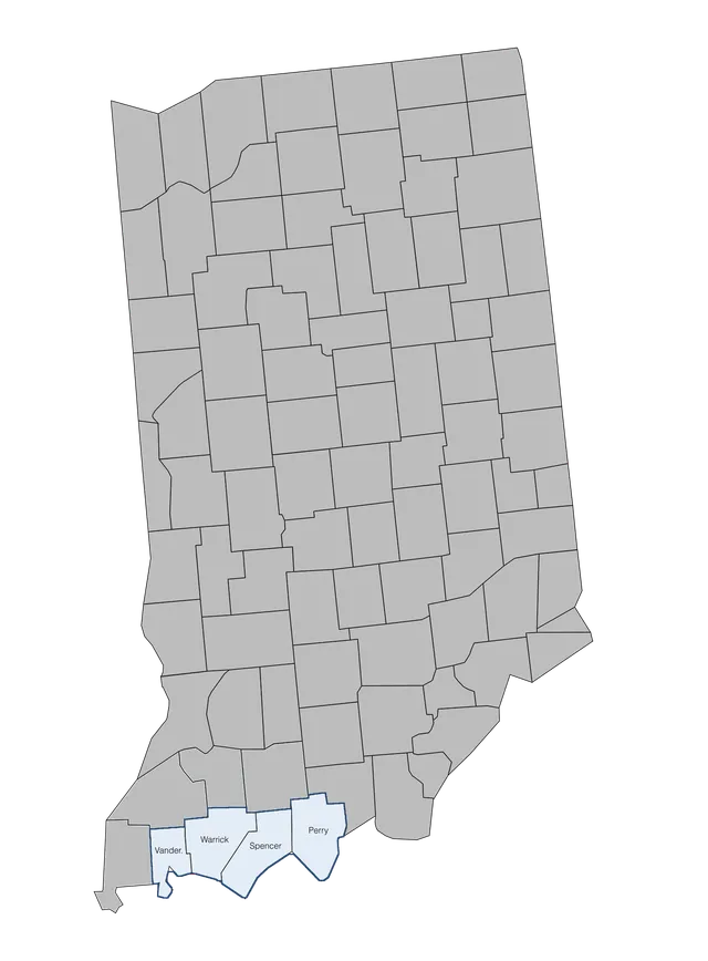 Map highlighting counties in Indiana where we practice criminal law, specifically Vanderburgh, Warrick, Spencer, and Perry counties.