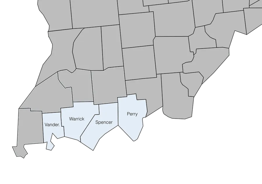 Map of Vanderburgh, Warrick, Spencer and Perry counties in southern Indiana, the four counties we serve.