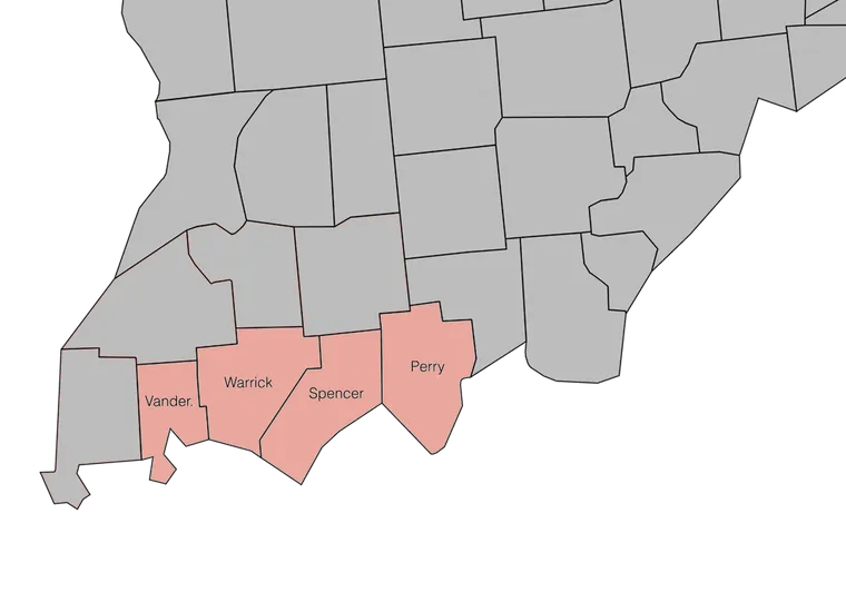 Map of southwestern Indiana with Vanderburgh, Warrick, Spencer and Perry counties highlighted, where the firm practices.
