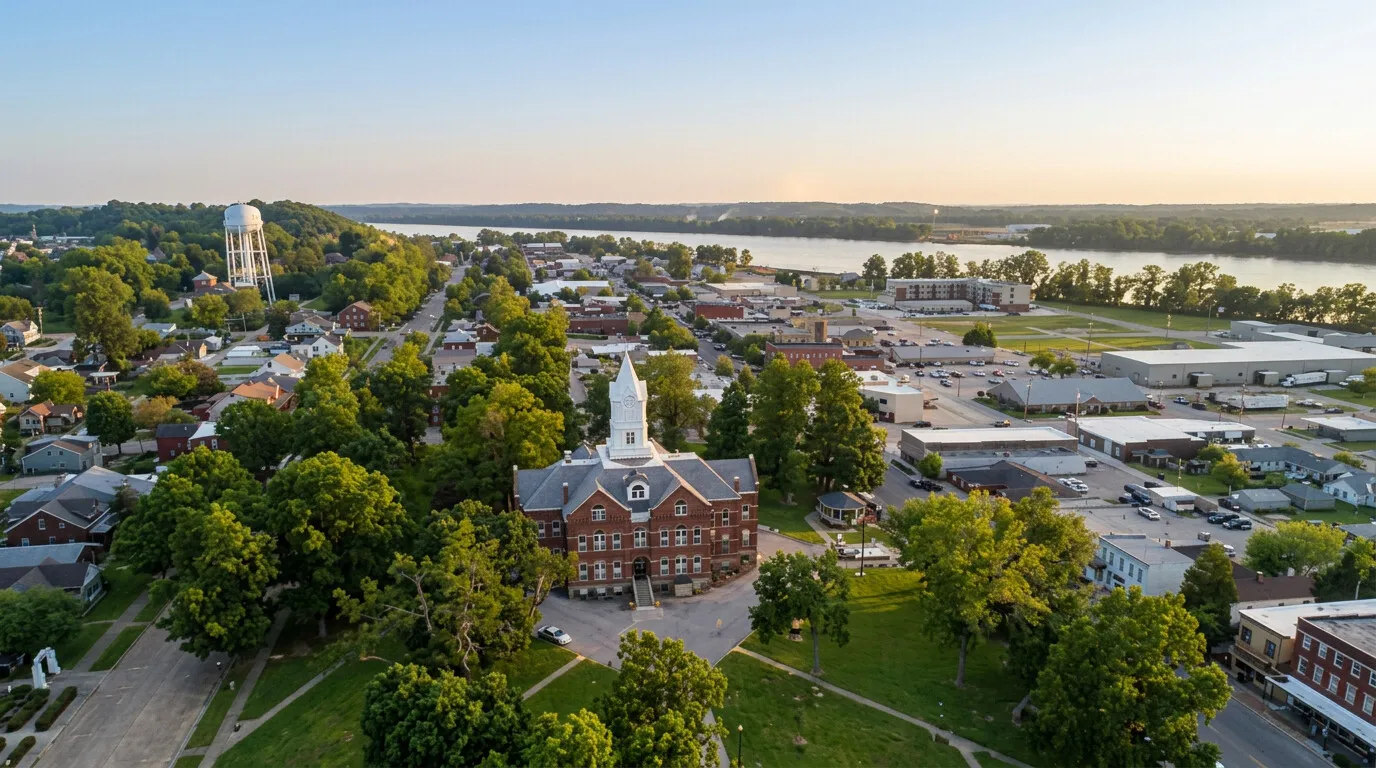 Aerial view of Tell City, Indiana, and the Perry County Courthouse above the Ohio River