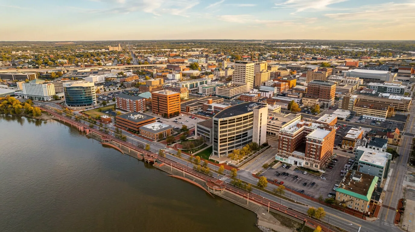 Aerial view of downtown Evansville along the Ohio River