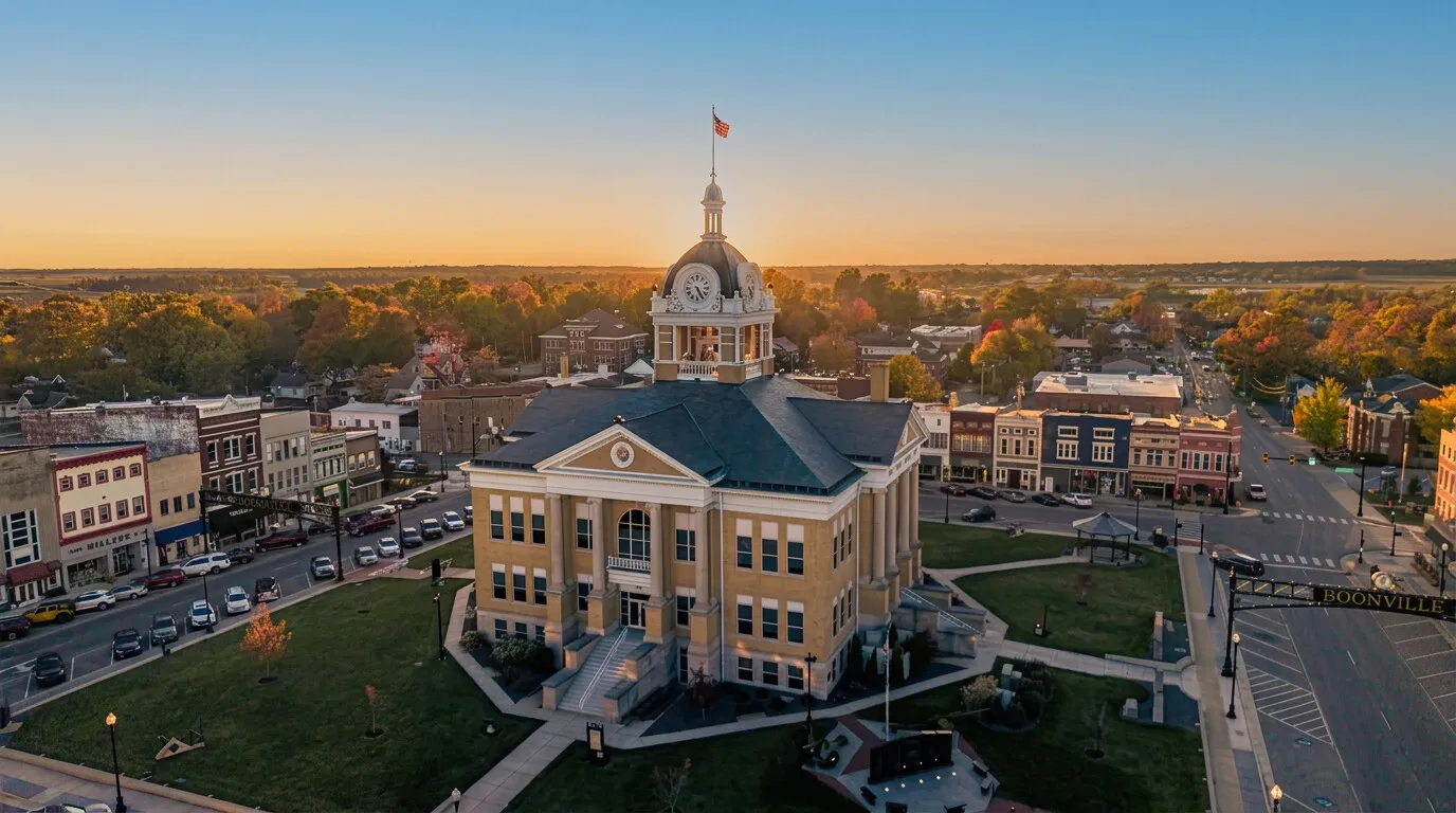 Aerial view of the Warrick County Courthouse on the square in Boonville, Indiana